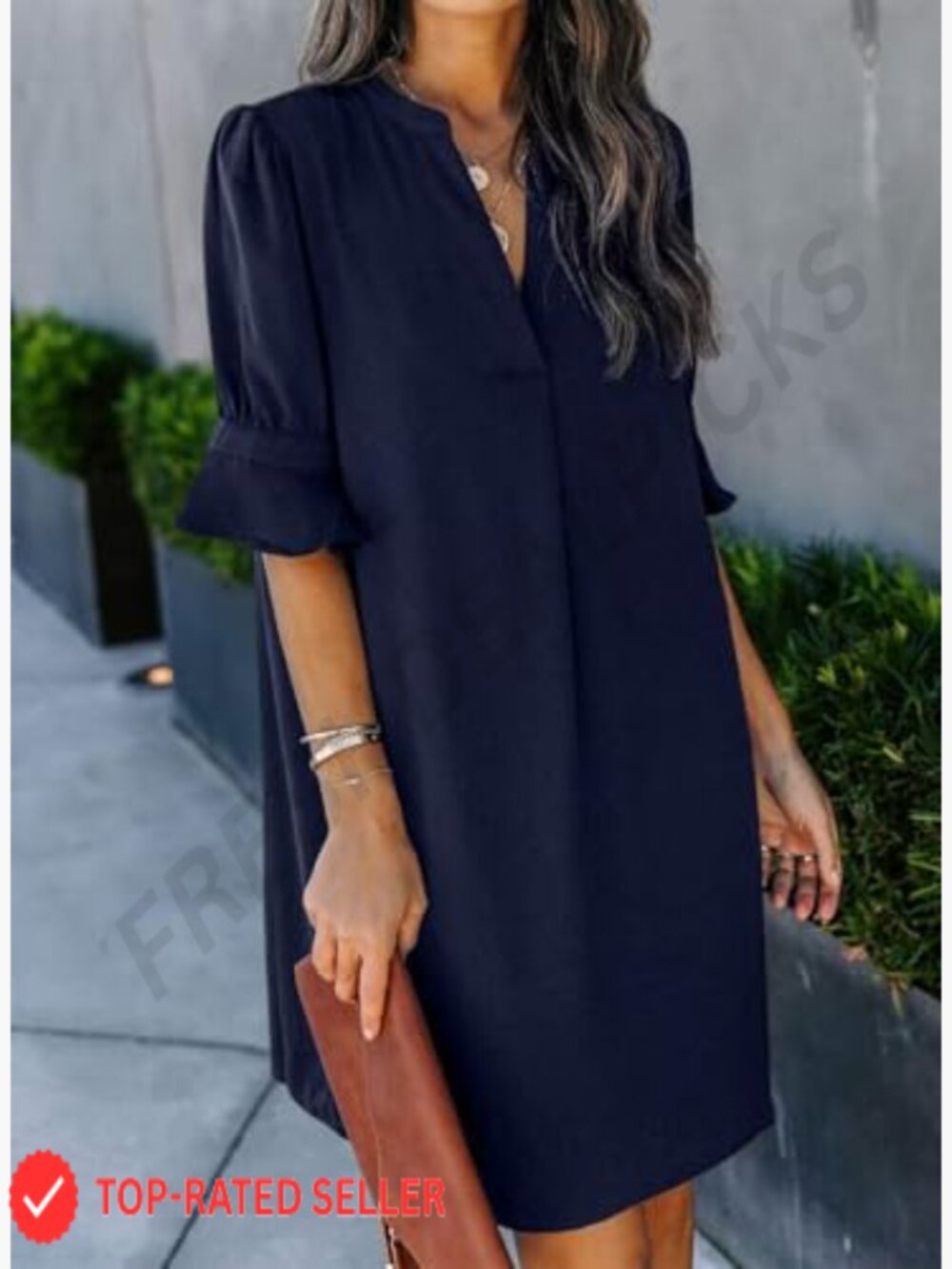 V-Neck Ruffled Sleeve Shift Dress Lightweight Polyester Casual Summer Chic - Picture 2 of 7